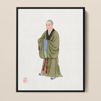 Framed Traditional Chinese Ink Wash Painting Serene Monk Buddhist, Qing Dynasty Manchu Clothing, Art