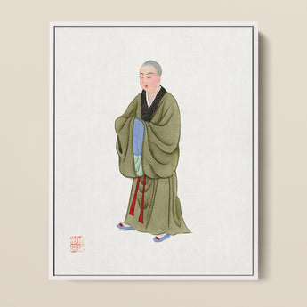 Framed Traditional Chinese Ink Wash Painting Serene Monk Buddhist, Qing Dynasty Manchu Clothing, Art