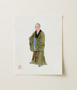 Delicate Illustration Buddhist Monk Olive-green Robes Black Red Chinese, Qing Dynasty Manchu Clothing, Art