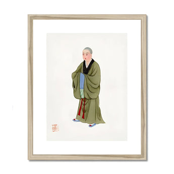 Buddhist Monk - Qing Dynasty Clothing Art Print, Traditional Chinese Painting Monk Olive Green Robes Blue