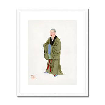 Buddhist Monk - Qing Dynasty Clothing Art Print, Traditional Chinese Painting Monk Olive Green Robes Staff