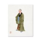 Buddhist Monk Qing Dynasty Clothing Art Print, Traditional Chinese Watercolor Painting Figure Olive Green Robes