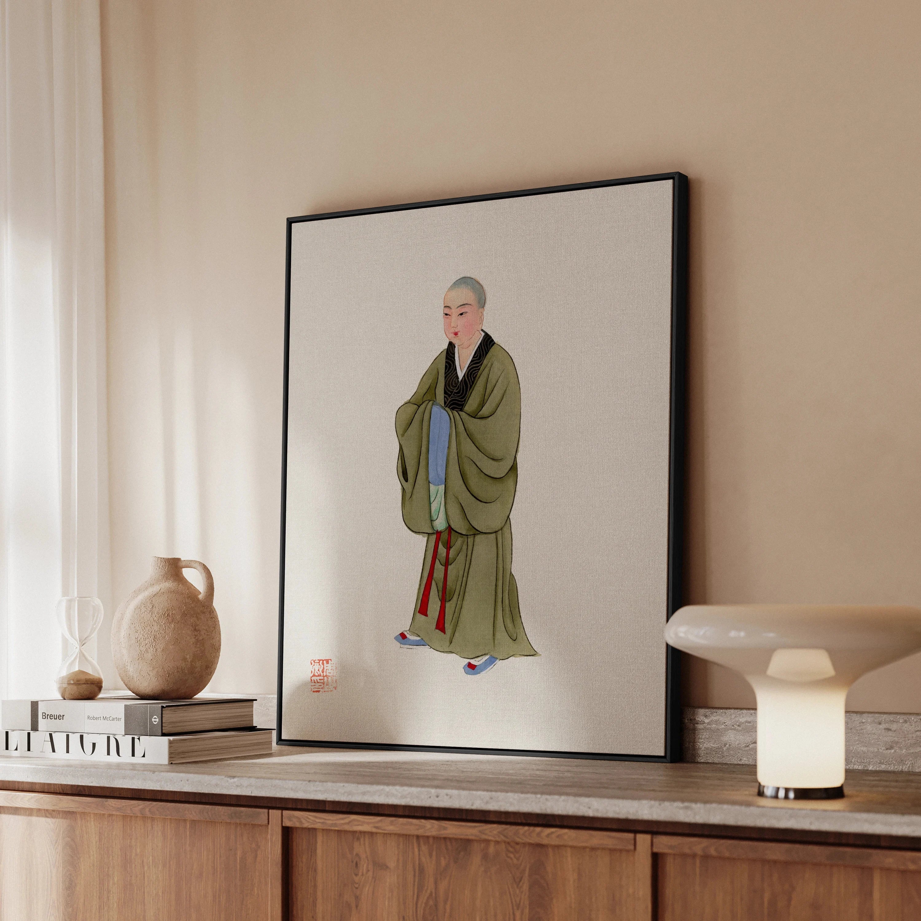 Buddhist Monk Qing Dynasty Framed Canvas, 24x32’’ / 61x81cm / Black Floating Frame, Framed Artwork Figure Traditional East Asian Robes