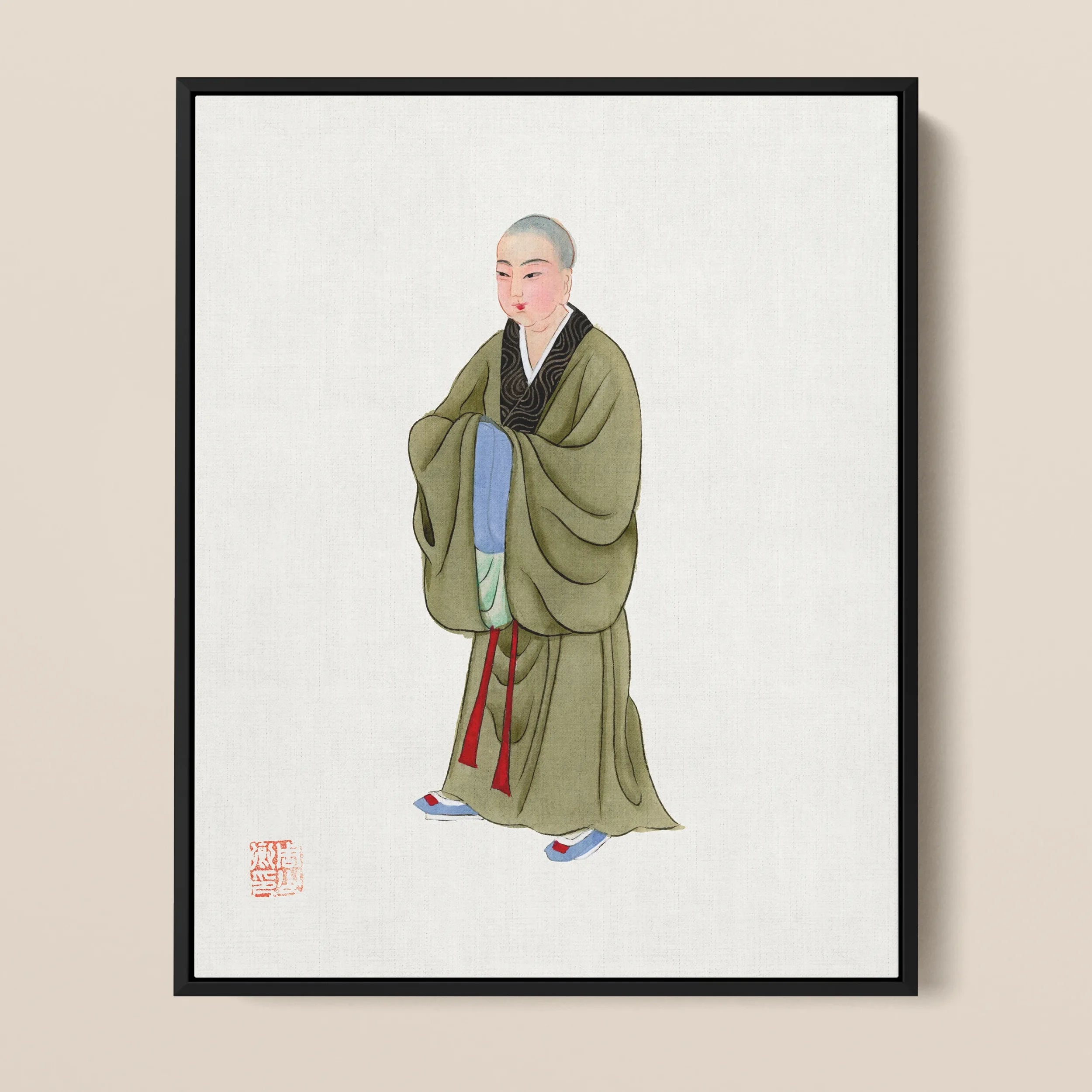 Buddhist Monk - Qing Dynasty Framed Canvas, Traditional East Asian Painting Buddhist Monk Green Robes