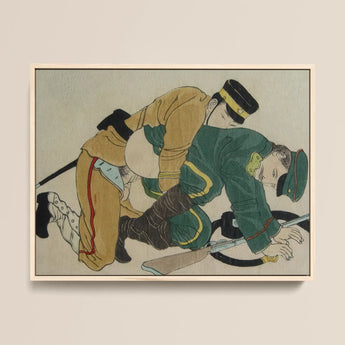 Buggering the Russian Framed Canvas, 16x12’’ / 41x31cm / Natural Floating Frame, Green Military Uniform Gold Trim Black Hat Leather