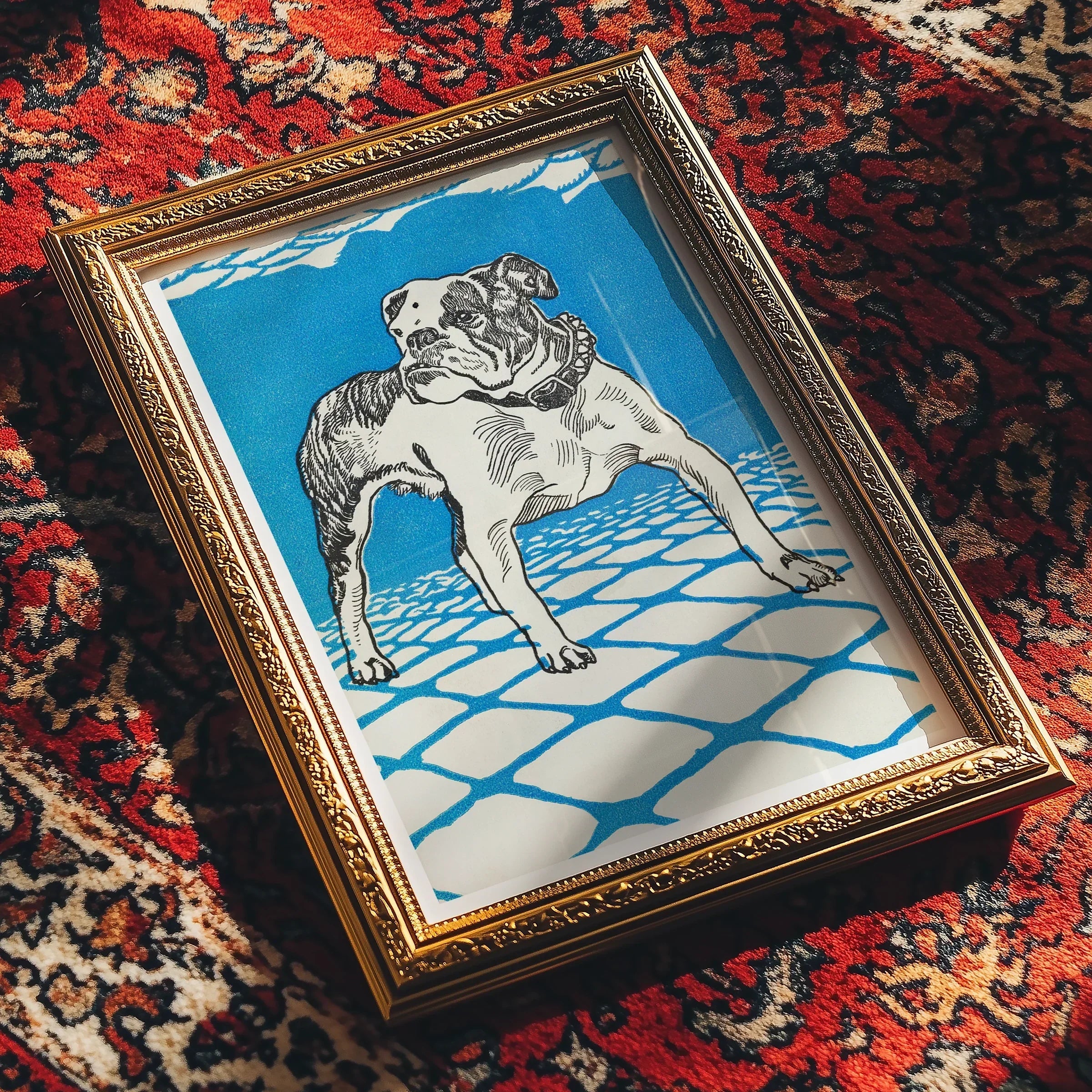 Bulldog - Moriz Jung Lithograph Dog Art Print, 12’’x18’’ / Unframed, Framed Portrait Bulldog Blue White Tiled Floor