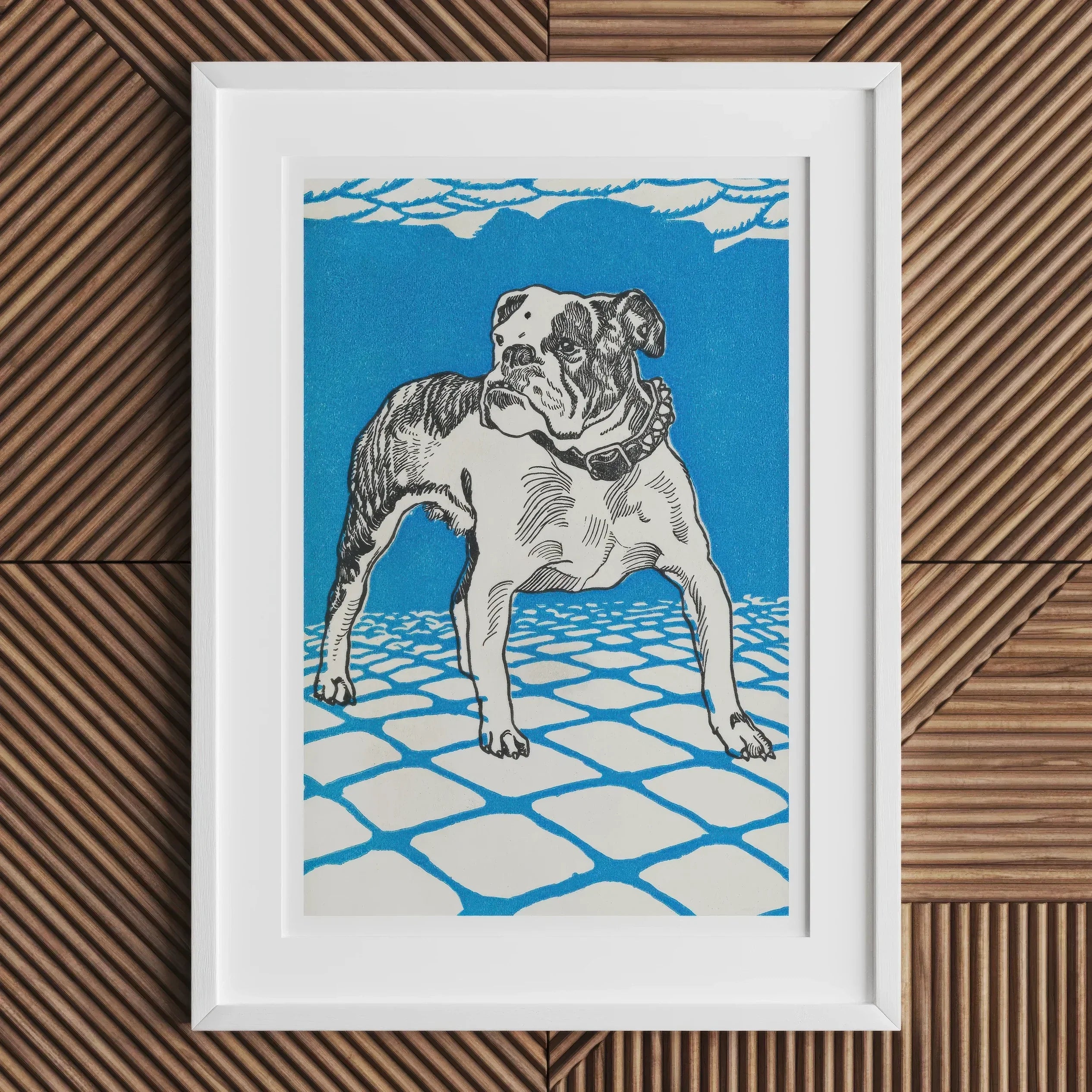 Bulldog - Moriz Jung Lithograph Dog Art Print, 16’’x24’’ / Unframed, Framed Artwork Black White Bulldog Blue Patterned Surface