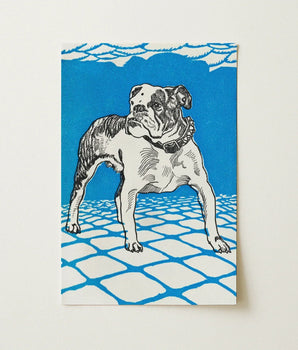 Blue White Linocut Print Bulldog Cobblestone Moriz Jung’s, Leaps, Jung Lithograph