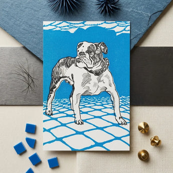 Bulldog - Moriz Jung Lithograph Dog Art Print / Canvas Blue White Linocut Cobblestone Path Jung’s, Leaps, Prints