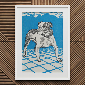 Bulldog - Moriz Jung Lithograph Dog Art Print / Canvas Framed Linocut Print Bulldog Black White Vibrant Blue Moriz Jung’s Bulldog, Leaps,