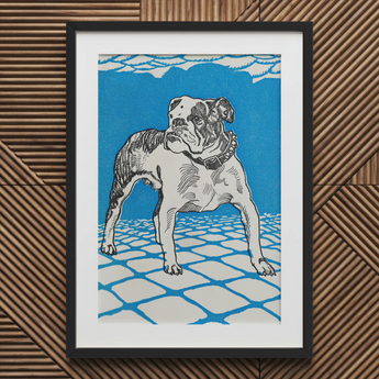 Bulldog - Moriz Jung Lithograph Dog Art Print / Canvas Framed Linocut Print Bulldog Black White Vibrant Blue Moriz Jung’s Bulldog, Leaps,