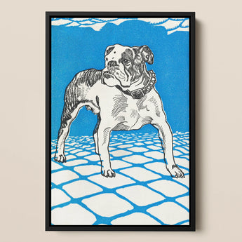 Bulldog - Moriz Jung Lithograph Dog Art Print / Canvas Stylized Black-and-white Illustration Bulldog Textured Blue Background Framed Moriz