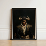 Framed Portrait Man Ornate Dark Blue Gold Attire Gay Matador Art, Queer Power Incarnate, Myth Meets Masculinity