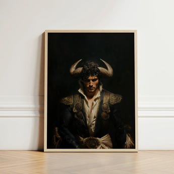 Framed Portrait Man Ornate Attire Prominent Golden Horns Gay Matador Art, Queer Power Incarnate, Myth Meets Masculinity