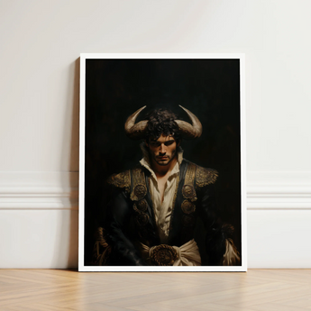 Framed Portrait Man Traditional Attire Prominent Golden Horns Gay Matador Art, Queer Power Incarnate, Myth Meets Masculinity