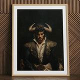 Bullish - Horny Gay Matador Art Print / Canvas Framed Portrait Bullfighter Ornate Dark Blue Gold Traditional Gay Matador Art, Queer Power