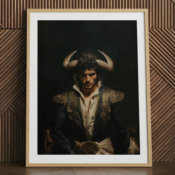 Bullish - Horny Gay Matador Art Print / Canvas Framed Portrait Bullfighter Ornate Dark Blue Gold Traditional Gay Matador Art, Queer Power