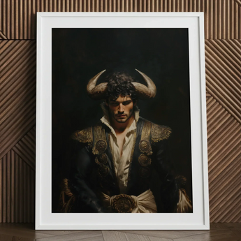 Bullish - Horny Gay Matador Art Print / Canvas Framed Portrait Man Ornate Dark Blue Gold Attire Gay Matador Art, Queer Power Incarnate,