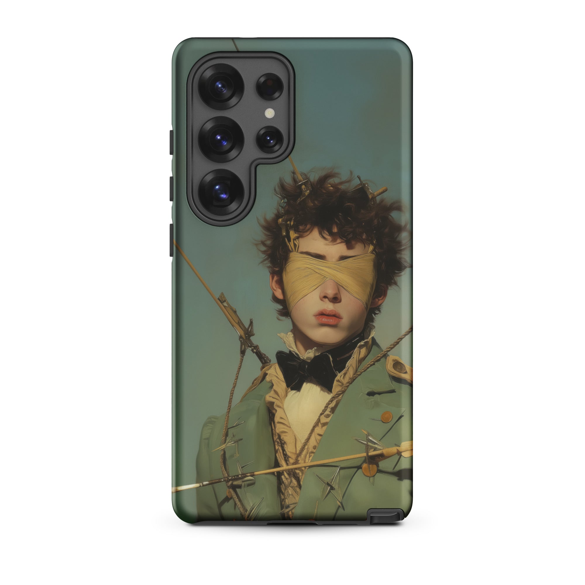 Bullseye Neo Baroque Gay Military Samsung Case, Galaxy S25 Ultra / Matte, Dark Green Smartphone Case Blindfolded Figure Arrows