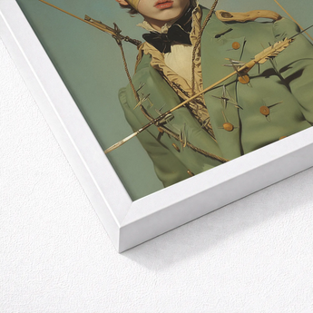 White Framed Art Print Stylized Portrait Person Olive Saint Sebastian, Surreal 18th Century, Gay Military