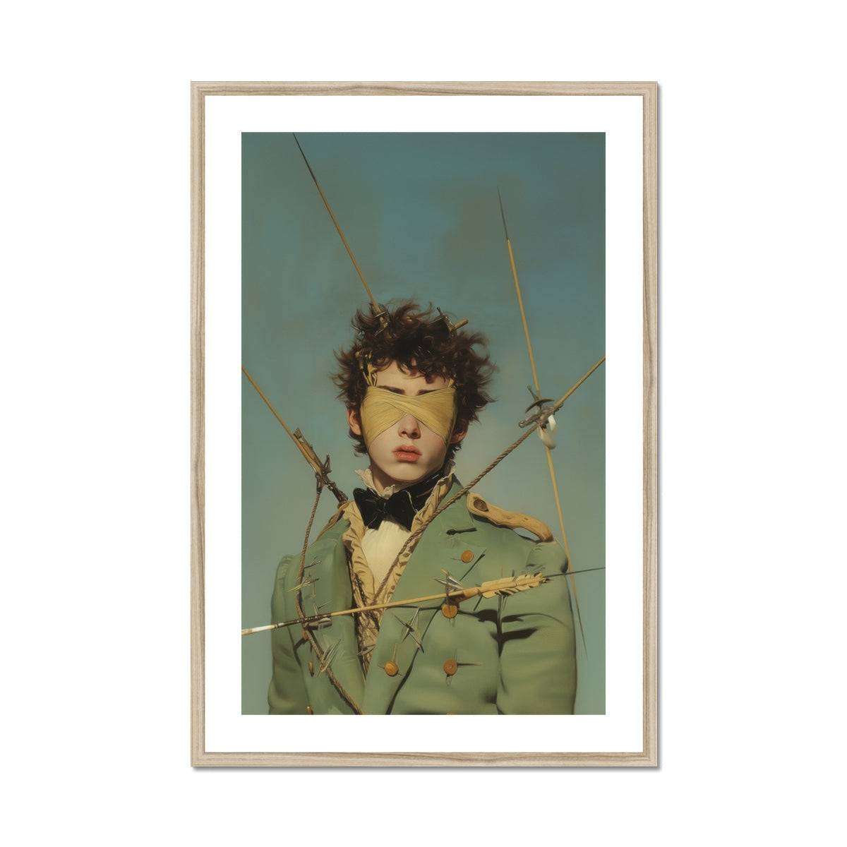 Bullseye Surreal 18th Century Gay Military Art Print, Framed Portrait Blindfolded Person Green Military Style Jacket