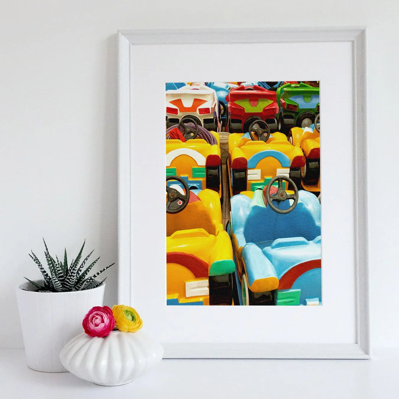 Bumper to Giclée Print, 12×16 / Unframed Art, Bumpster-8x14, Framed Photograph Colorful Toy Cars Amusement Park Ride