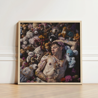 Framed Art Print Man Tattoos Surrounded Numerous Colorful Shirtless Twunk Slumbers, Lowbrow Gay Punk, Homoerotic