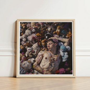 Framed Art Print Man Tattoos Surrounded Colorful Stuffed Shirtless Twunk Slumbers, Lowbrow Gay Punk, Homoerotic