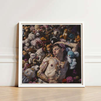 White-framed Art Print Man Tattoos Surrounded Colorful Stuffed Shirtless Twunk Slumbers, Lowbrow Gay Punk, Homoerotic