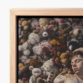Framed Canvas Print Dense Colorful Collage Assorted Stuffed Shirtless Twunk Slumbers, Lowbrow Gay Punk, Homoerotic Art