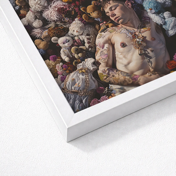 White Framed Art Print Tattooed Man Among Stuffed Shirtless Twunk Slumbers, Lowbrow Gay Punk, Homoerotic