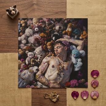 Bunked Twunk - Trashy Lowbrow Gay Punk Art Print / Canvas Square Man Tattoos Among Colorful Stuffed Shirtless Slumbers, Homoerotic Prints