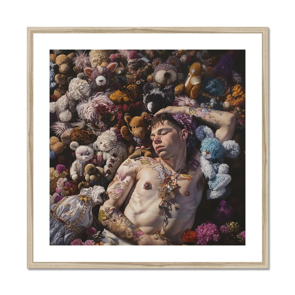 Bunked Twunk Trashy Lowbrow Gay Punk Art Print, Figure Surrounded Plush Teddy Bears Colorful Flowers