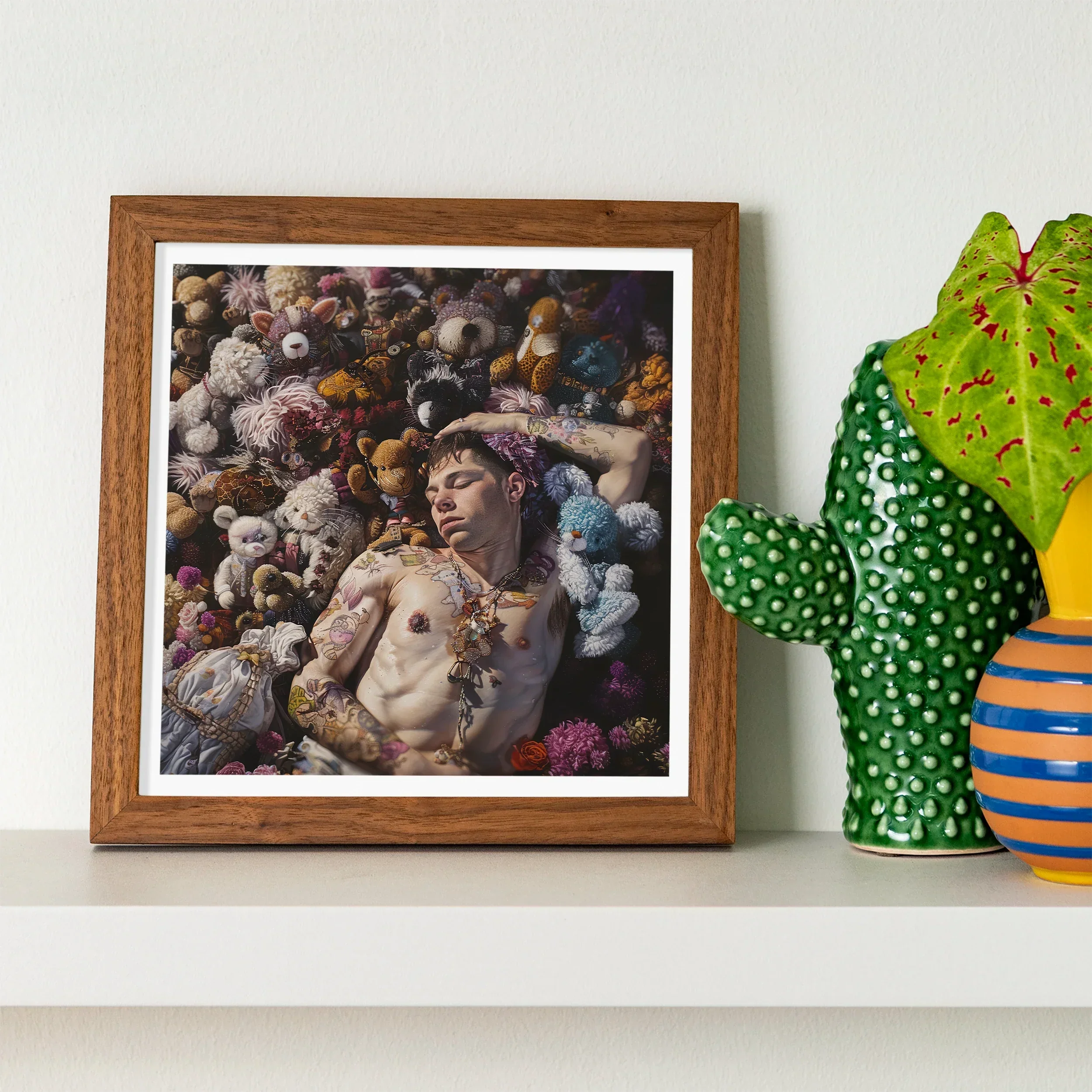 Bunked Twunk Trashy Lowbrow Gay Punk Art Print, Framed Photograph Person Surrounded Stuffed Animals Toys