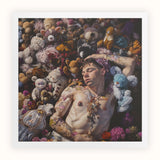 Bunked Twunk - Trashy Lowbrow Gay Punk Art Print, Person Among Multitude Colorful Stuffed Animals Flowers