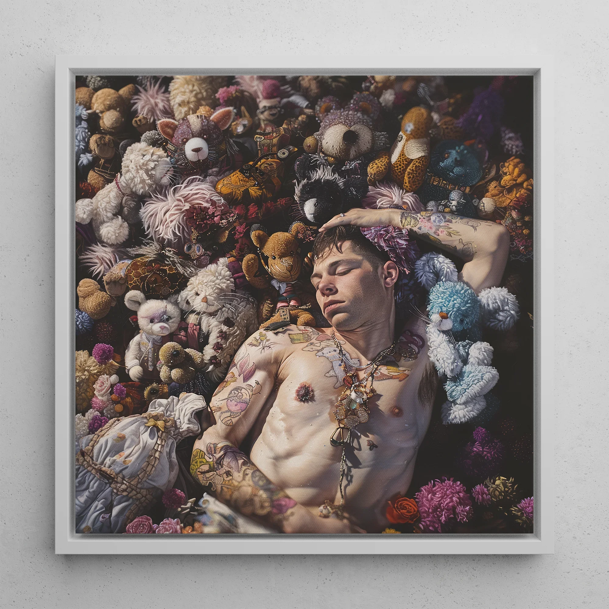 Bunked Twunk - Trashy Lowbrow Gay Punk Framed Canvas, 12’’x12’’ / White Floating Frame, Framed Artwork Tattooed Man Surrounded Stuffed