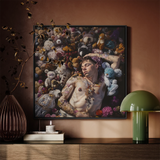 Bunked Twunk - Trashy Lowbrow Gay Punk Framed Canvas, Framed Art Print Man Surrounded Stuffed Animals