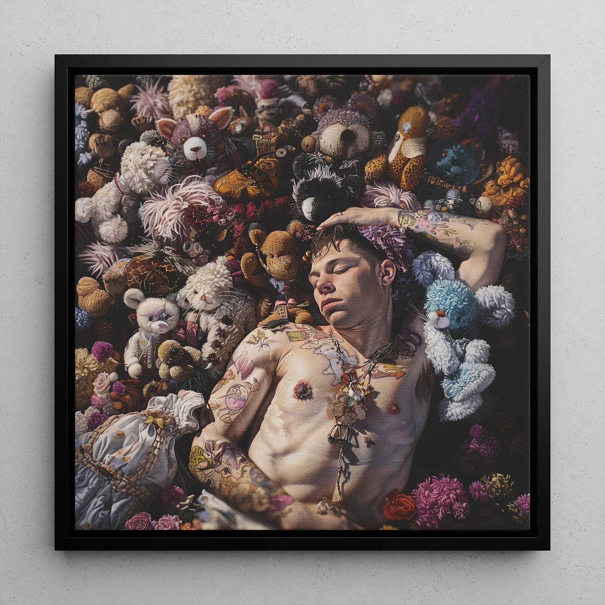 Bunked Twunk - Trashy Lowbrow Gay Punk Framed Canvas, Framed Artwork Tattooed Man Surrounded Stuffed Animals