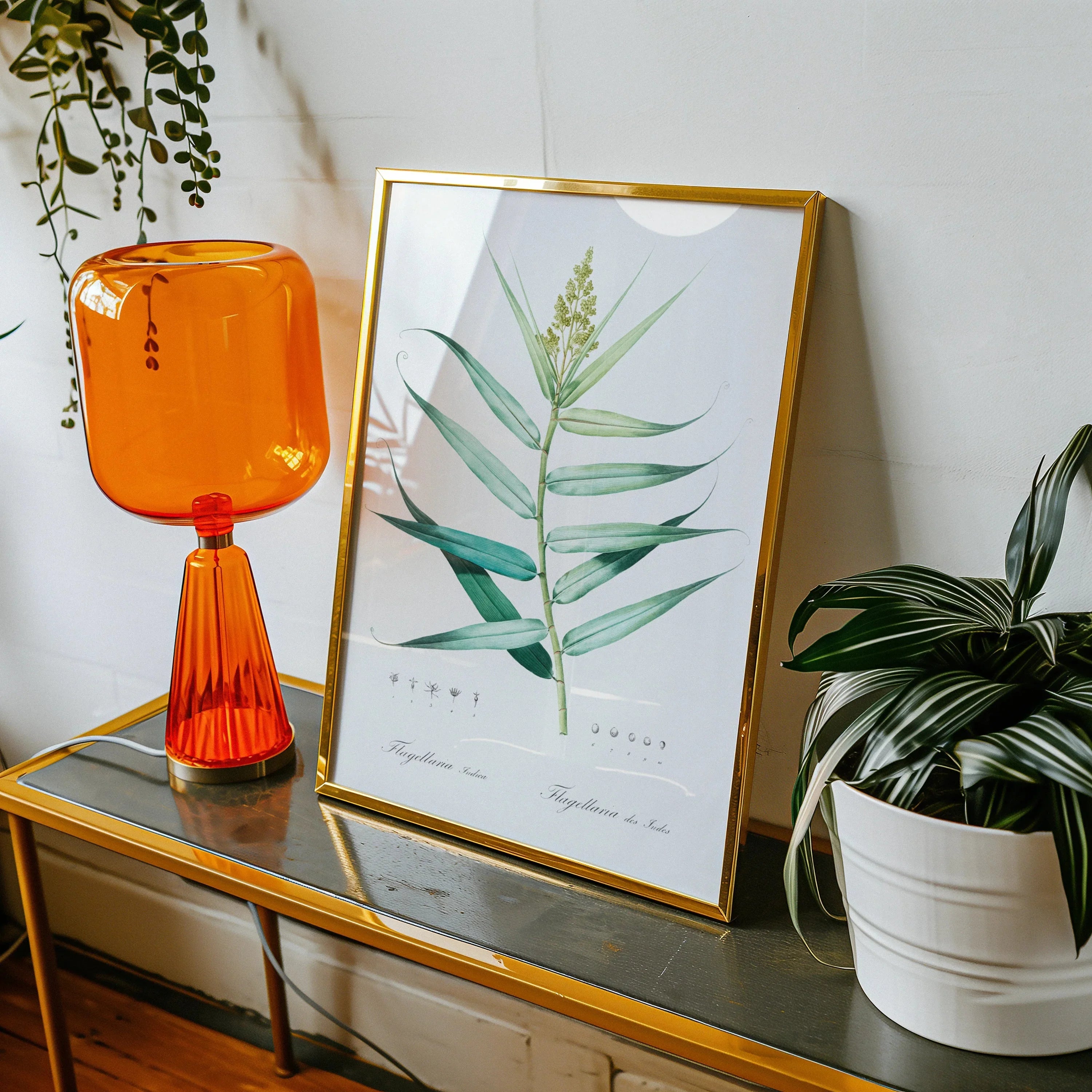 Bush Cane - Pierre-joseph Redouté Botanist Art Print, 18’’x24’’ / Unframed, Orange Glass Table Lamp Ribbed Base Cylindrical Shade