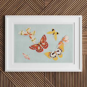 Butterflies - Kamisaka Sekka Chō Senshu Art Print, 18x12’’ / 46x31cm / Unframed, Framed Artwork Colorful Butterflies Mint Green Background