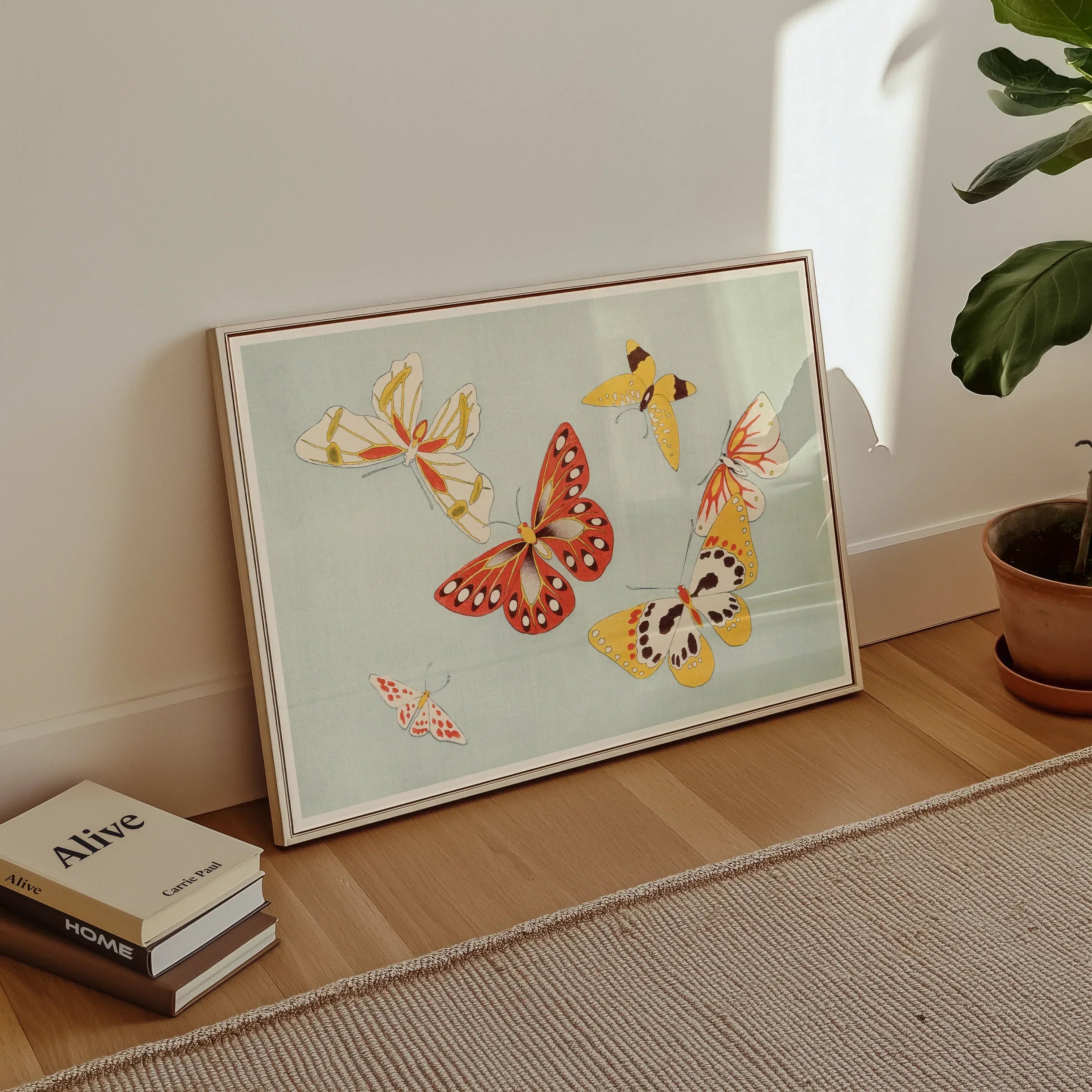 Butterflies Kamisaka Sekka Chō Senshu Art Print, 30x20’’ / 76x51cm / Unframed, Framed Artwork Colorful Butterflies Pale Mint Background