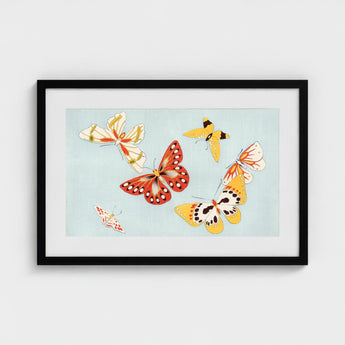 Butterflies - Kamisaka Sekka Cho Senshu Art Print / Canvas Framed Artwork Collection Colorful Stylized Reds Yellows Sekka’s Vibrant,