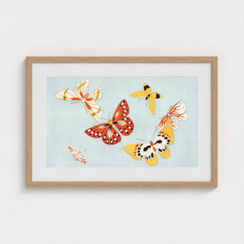 Butterflies - Kamisaka Sekka Cho Senshu Art Print / Canvas Framed Artwork Light Blue Background Colorful Stylized Sekka’s Vibrant, Japan’s