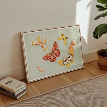 Butterflies - Kamisaka Sekka Cho Senshu Art Print / Canvas Framed Artwork Colorful Butterflies Pale Mint Background Kamisaka Sekka’s