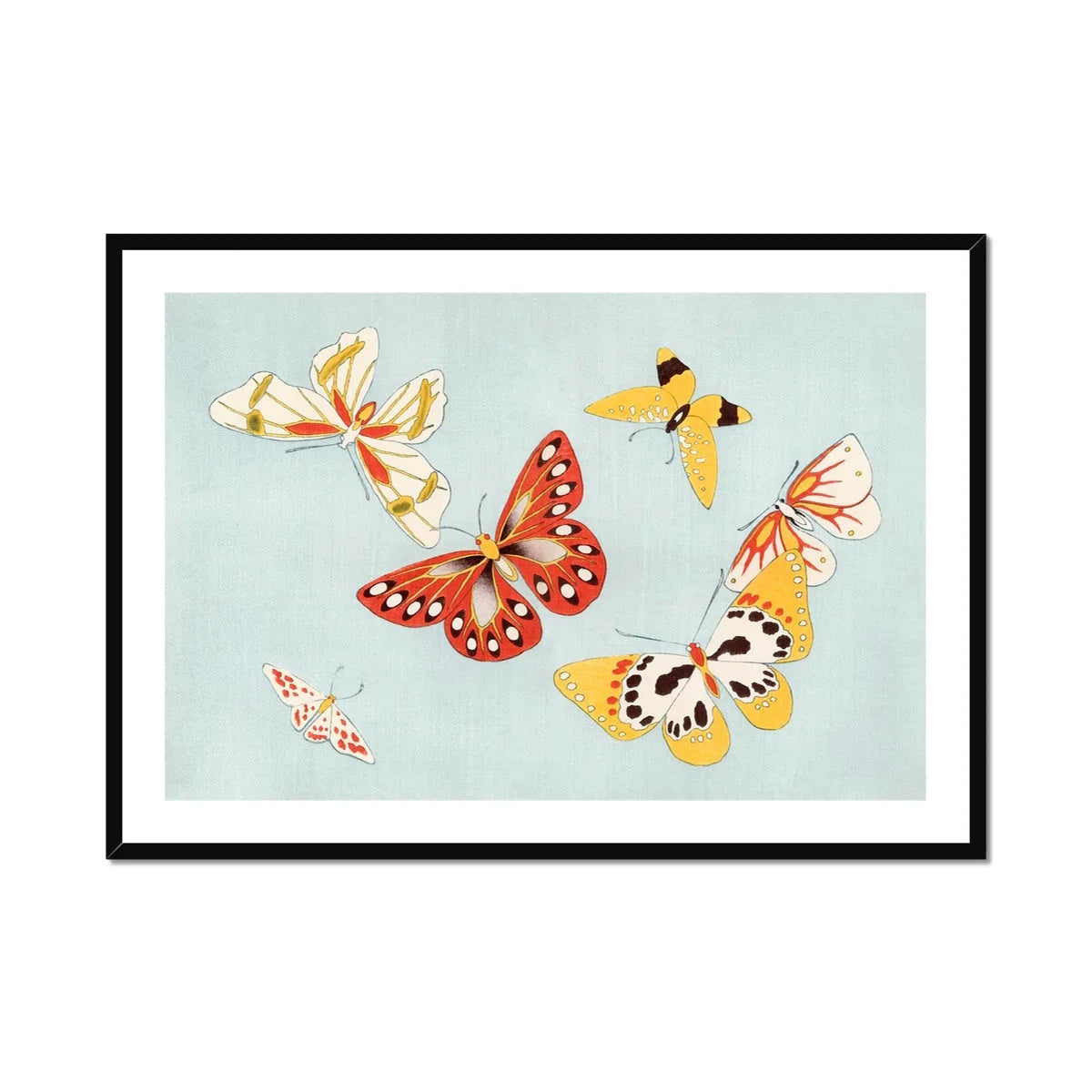 Butterflies Kamisaka Sekka Chō Senshu Art Print, Colorful Butterflies Orange Yellow White Tones Painted Delicate