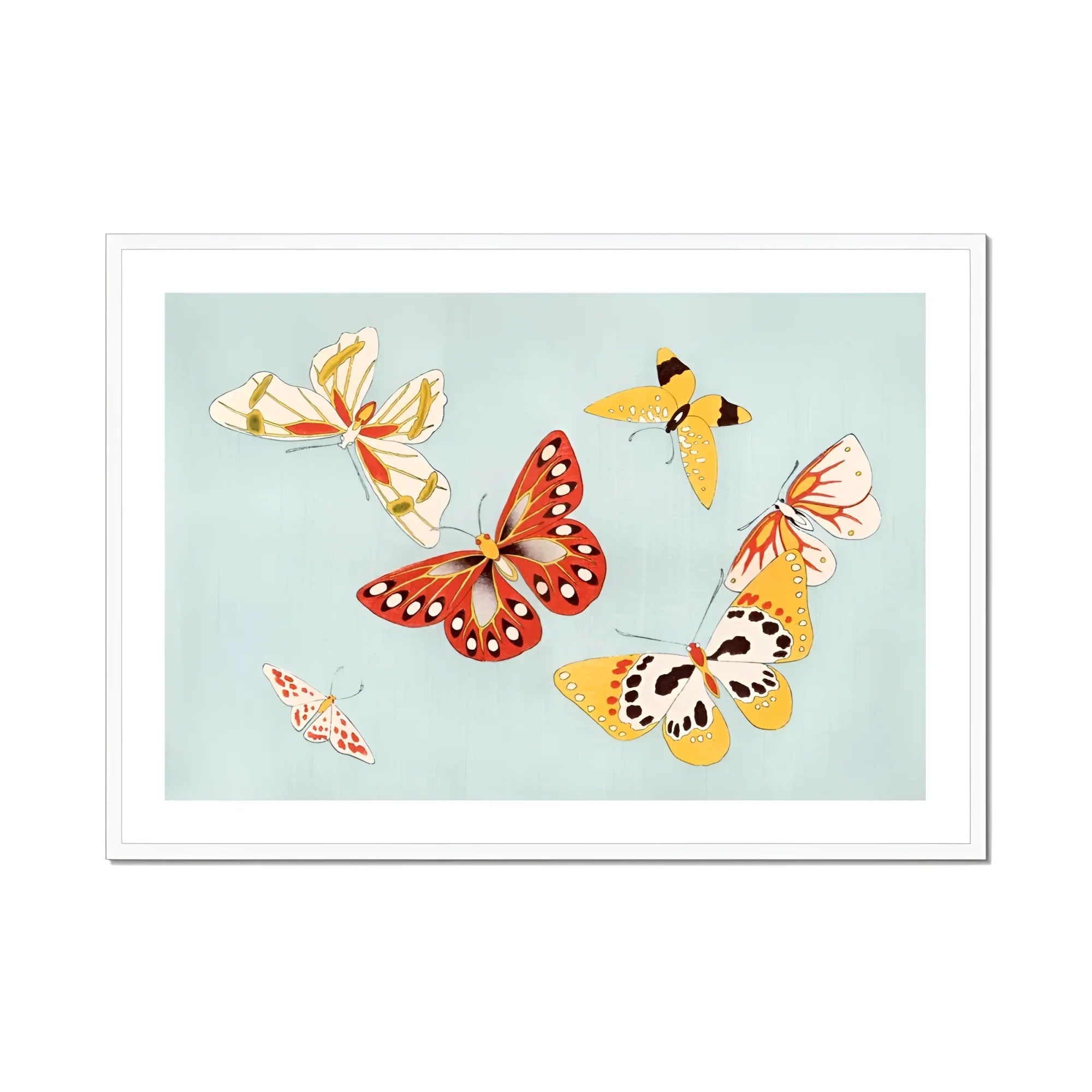 Butterflies - Kamisaka Sekka Chō Senshu Art Print, Colorful Butterflies Shades Red Yellow White Flutter Frame