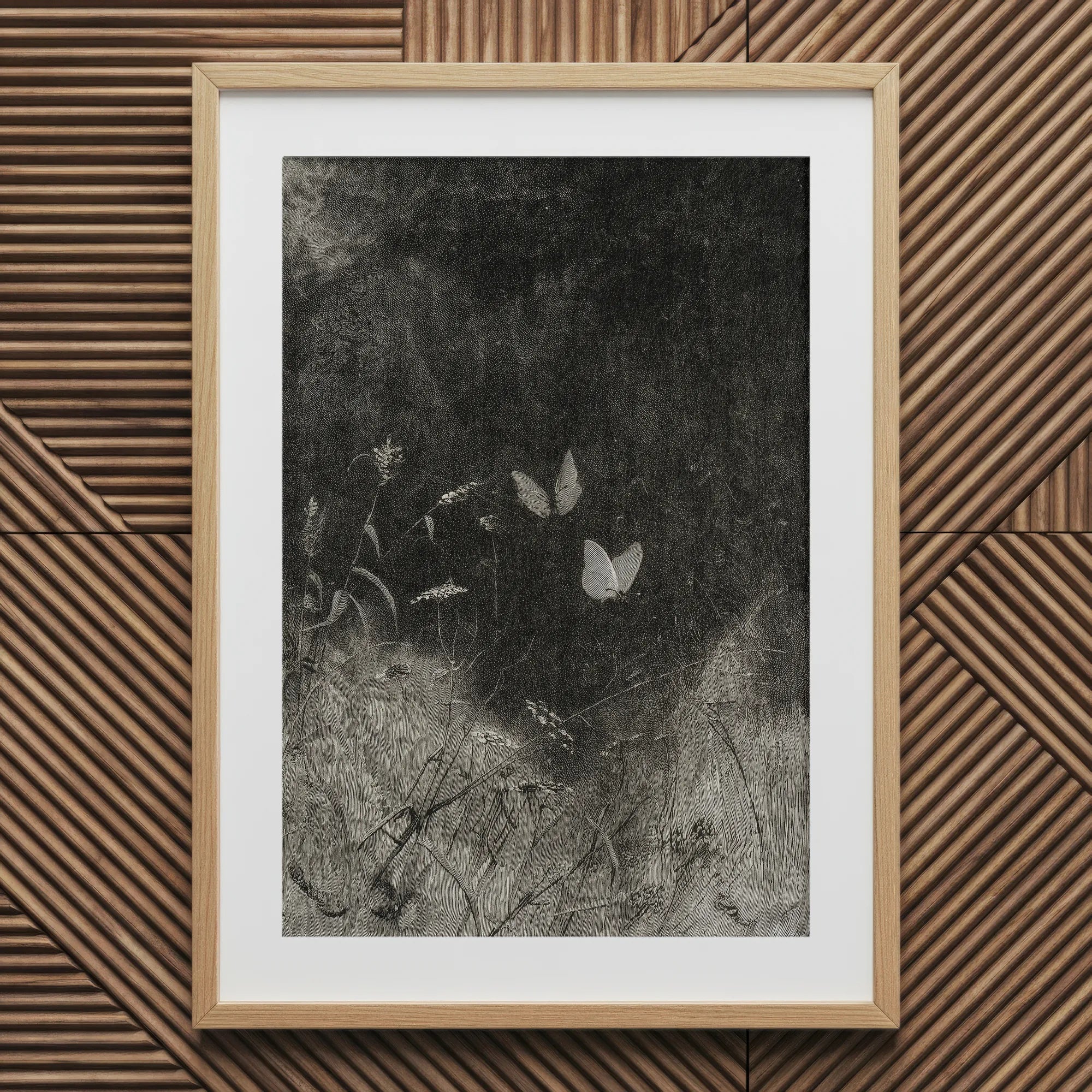 Butterflies - William Baxter Closson Art Print, 20x30’’ / 51x76cm / Natural Frame / 2’’ Matboard, Framed Monochrome Artwork Butterflies