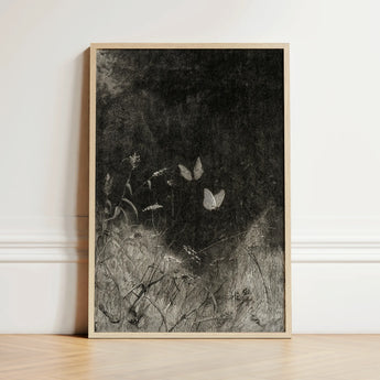 Framed Black-and-white Artwork Delicate Butterflies Amidst Wild Grasses William Baxter Closson, Art Print, Meadow Stems