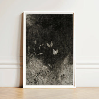Framed Black-and-white Artwork Delicate Butterflies Amidst Grassy Terrain William Baxter Closson, Art Print, Meadow Stems