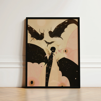 Framed Artwork Stylized Silhouette Figure Black Wings Surrounded Surreal Metamorphosis Art, Print, Butterfly Effect